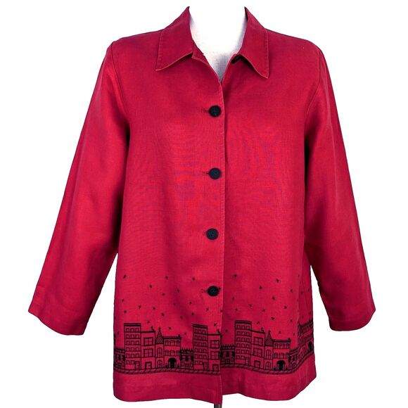 Coldwater Creek Womens MED Red Linen Embroidered Jacket Shacket - Picture 1 of 8